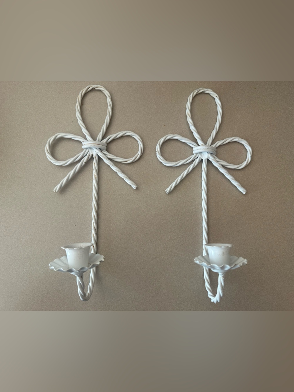 Vintage White Twisted Metal Bow Candle Holders (Pair)